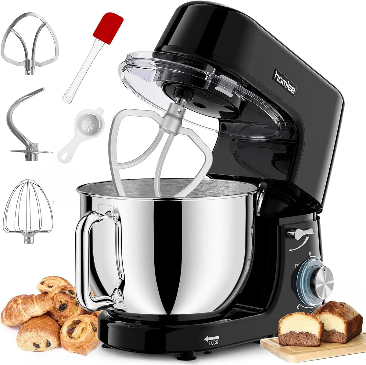 Robot pâtissier 6+P, Bol Acier Inoxydable, Batteur, Pare-éclaboussures Vitesses, Robot Patissier,7,2L 1800W Robot Pétrin Professionnel, Fouet, Crochet