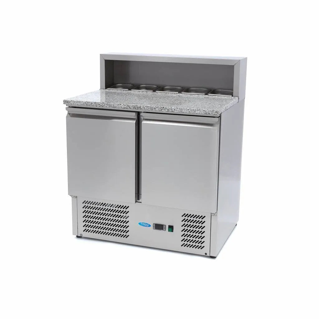 Réfrigérateur Maxima, s'adapte à 5 x 1/6 GN, largeur 90 cm, 2 portes, incl couvercle en acier inoxydable, pour la préparation des pizzas