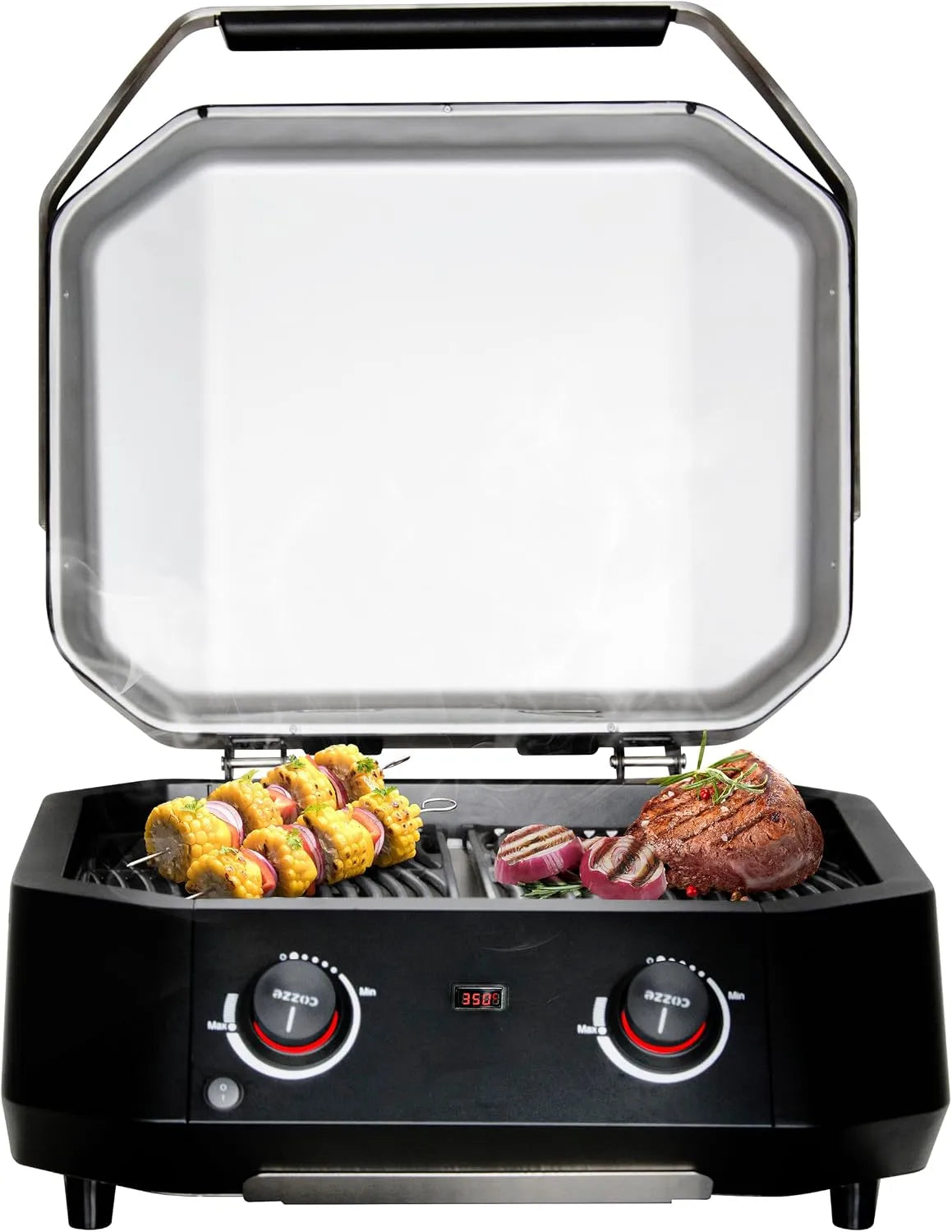 Avancé à Deux Zones Grill Électrique, puissance 2100 W, Cuisson Indirecte, Thermomètre Numérique, Acier Inoxydable, finition noire