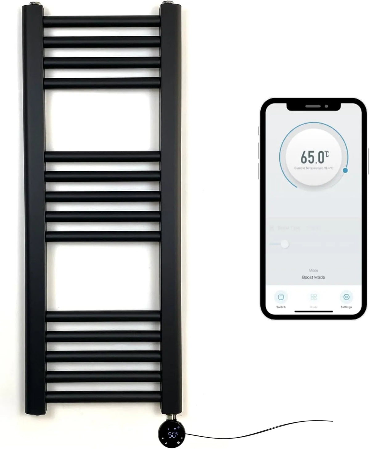 Sèche-serviettes, avec l'application, WiFi finition noire Mat 300 mm l x 800 mm H Minuterie programmable 7 Jours Compatibilité