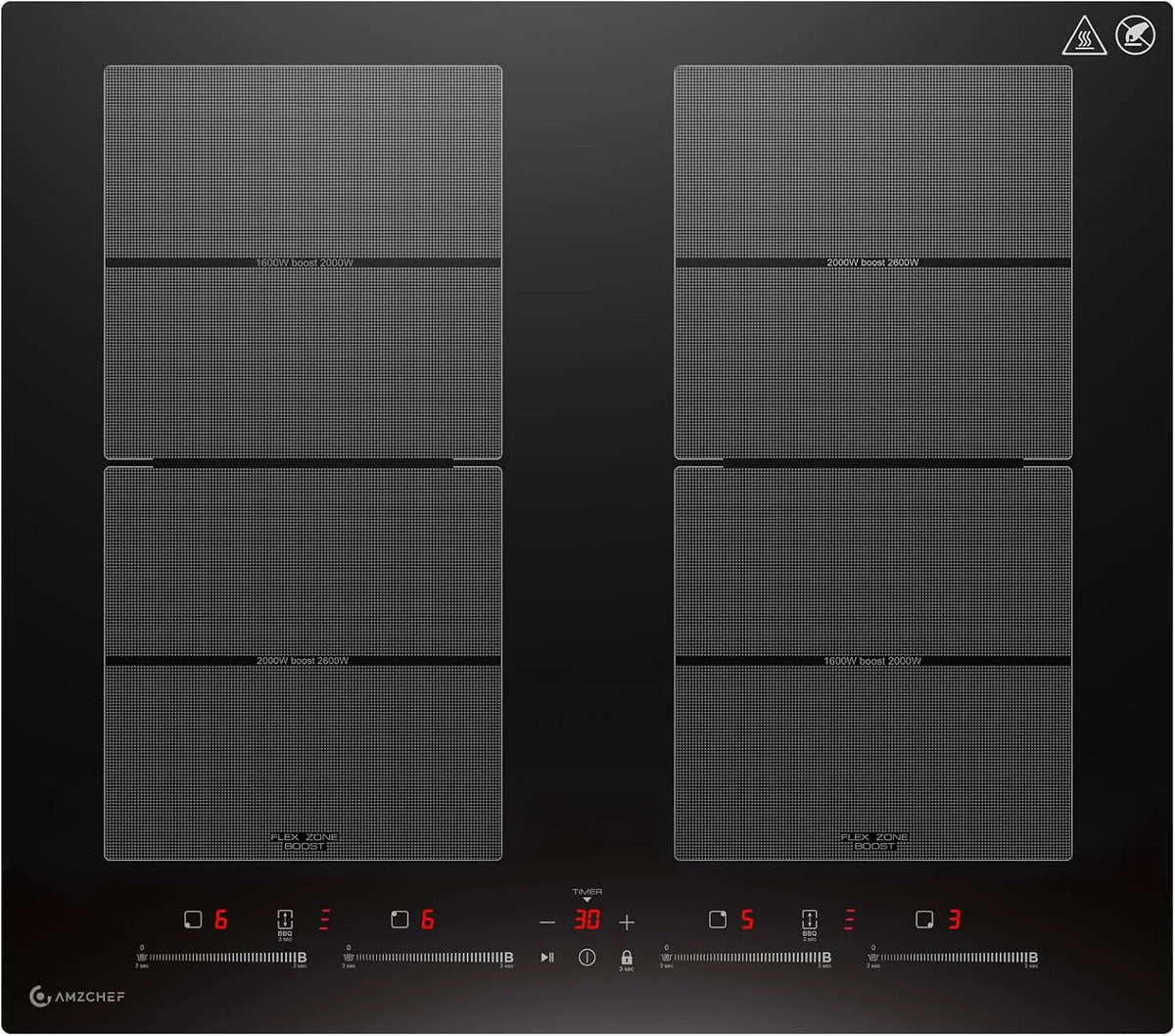 Plaque de cuisson AMZCHEF, de cuisson induction 4 zones avec fonctionnement silencieux, 42dB, 9 niveaux et booster, puissance 7400W, barbecue