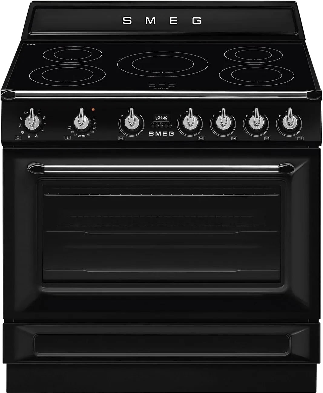 Smeg four TR90IMBL, Cuisine Esthétique VINTAGE VICTORIA multifonction Soft CLOSE Plan à induction 90 x 60 cm finition noire, classe énergétique A
