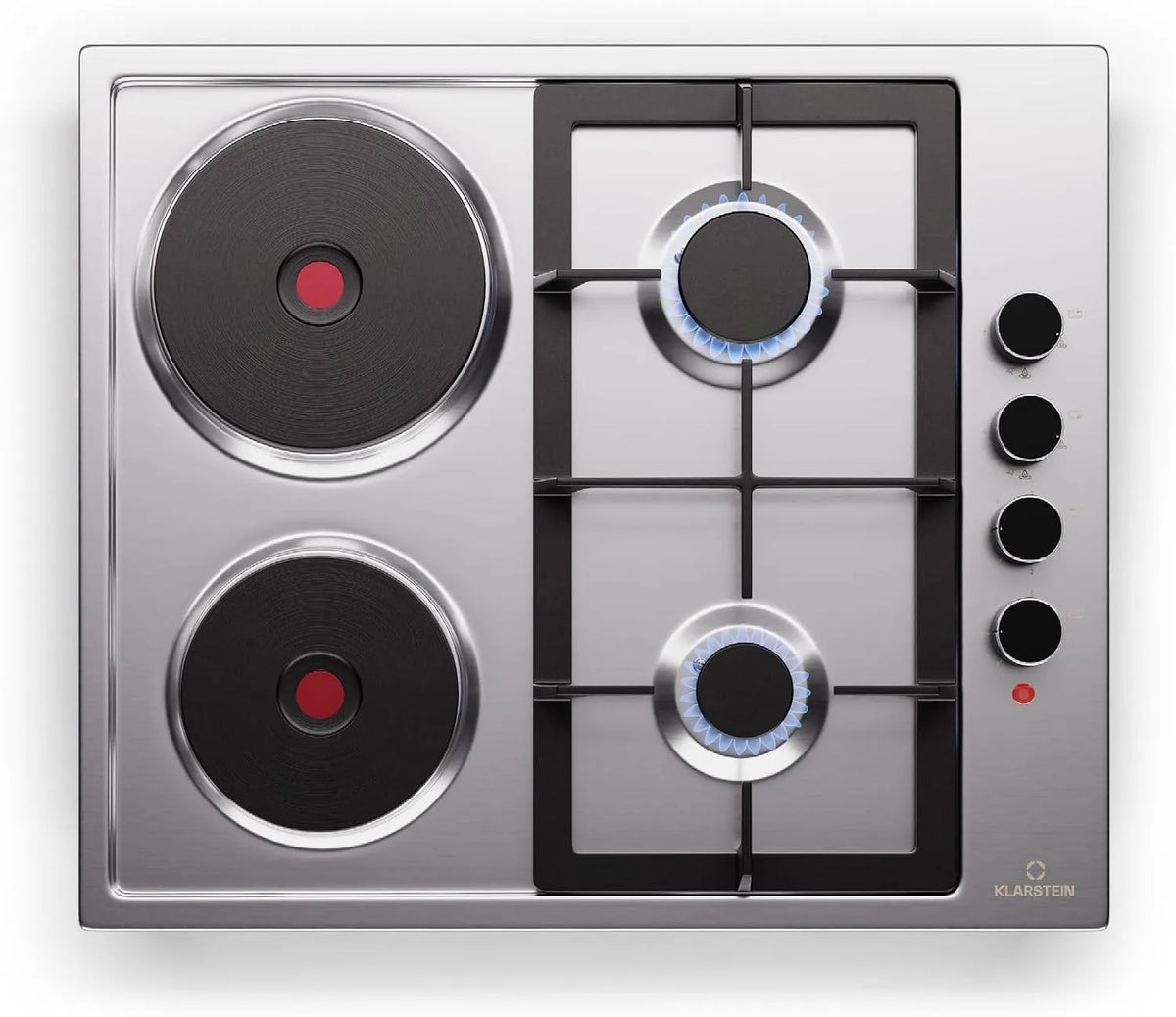 Klarstein plaque de cuisson, MultiChef 4 De Cuisson Gaz Et Électrique, 4 Zones, puissance 6300W, dimensions 58X8X50Cm, Acier Inoxydable