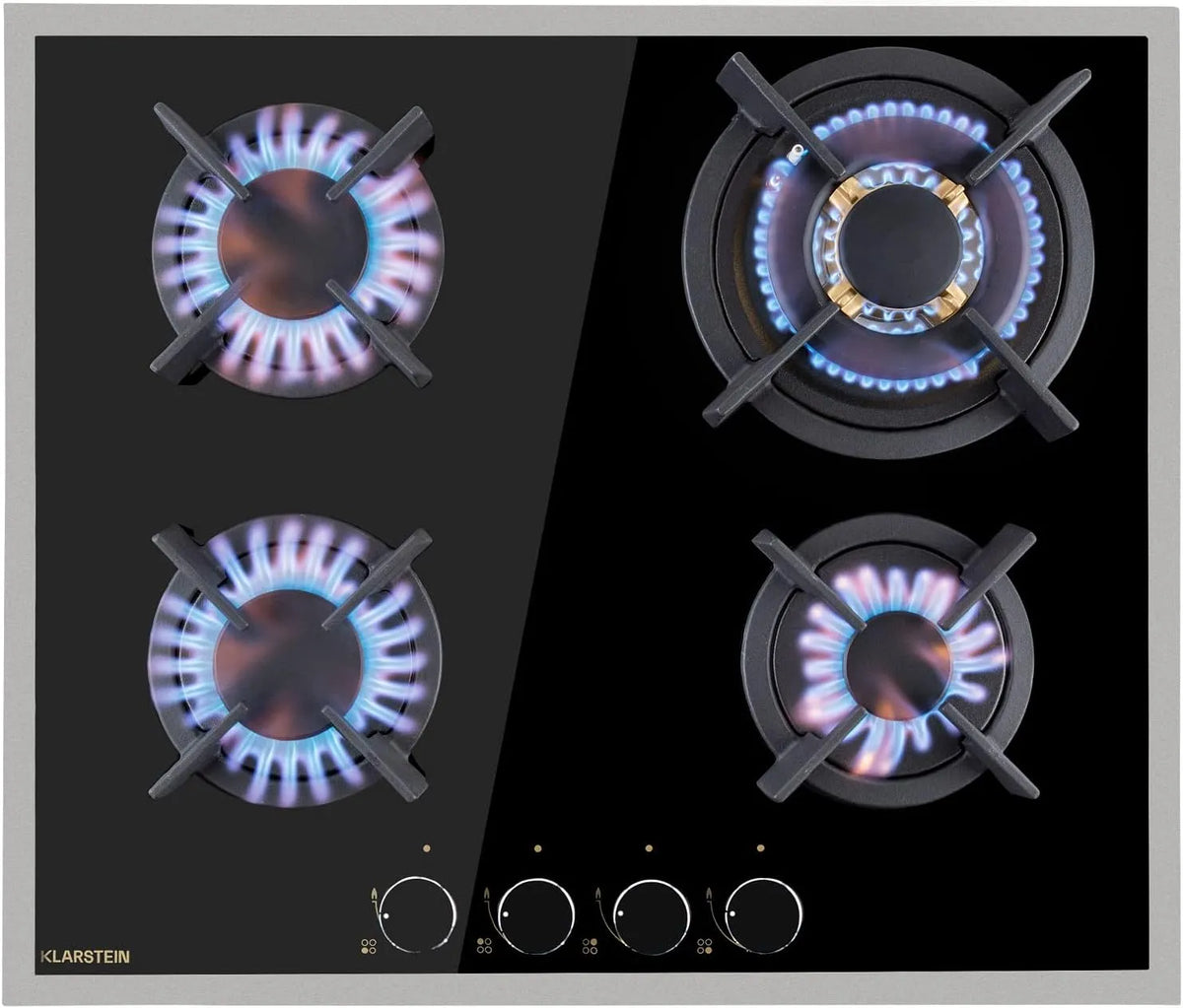 Table de cuisson Klarstein, à Gaz 4 Brûleurs, Plaque Électrique 4 Feux 8000W, Cuisinière GPL Avec Brûleurs en Acier Inoxydable