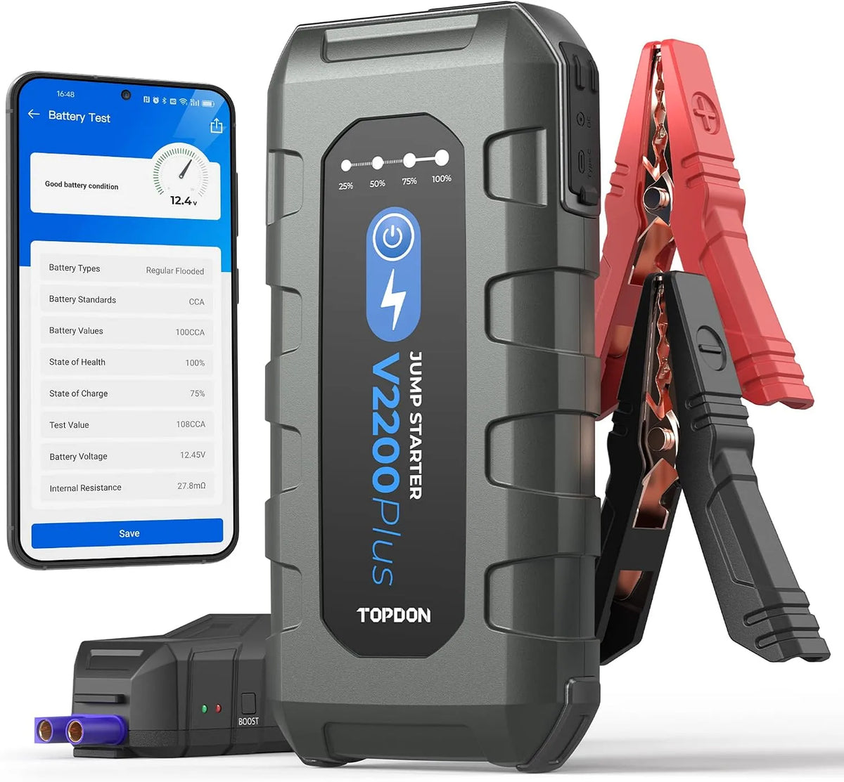 Modèle Batterie Voiture 2200A et Testeur de Batterie V2200 TOPDON Booster, Plus Demarreur Batterie Voiture Jump Starter pour Moteurs Diesel Jusqu'à 8L