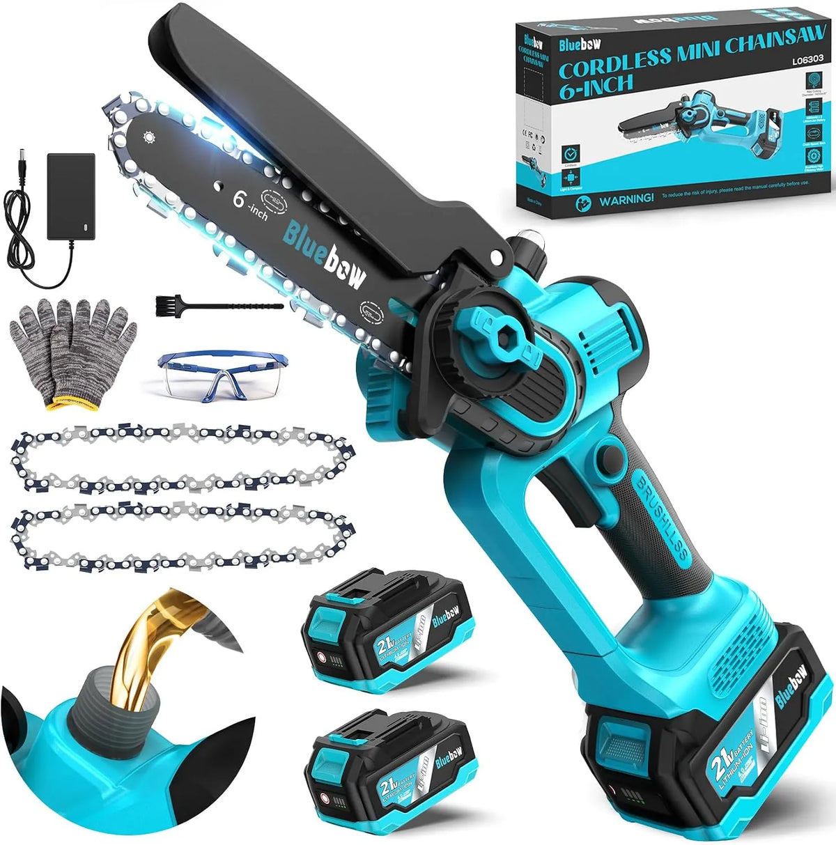 Tronçonneuse 4000, Mini sans fil de 6 pouces, 4000 mAh, 2 batteries de mAh, Scie électrique sans balais avec système d'huile
