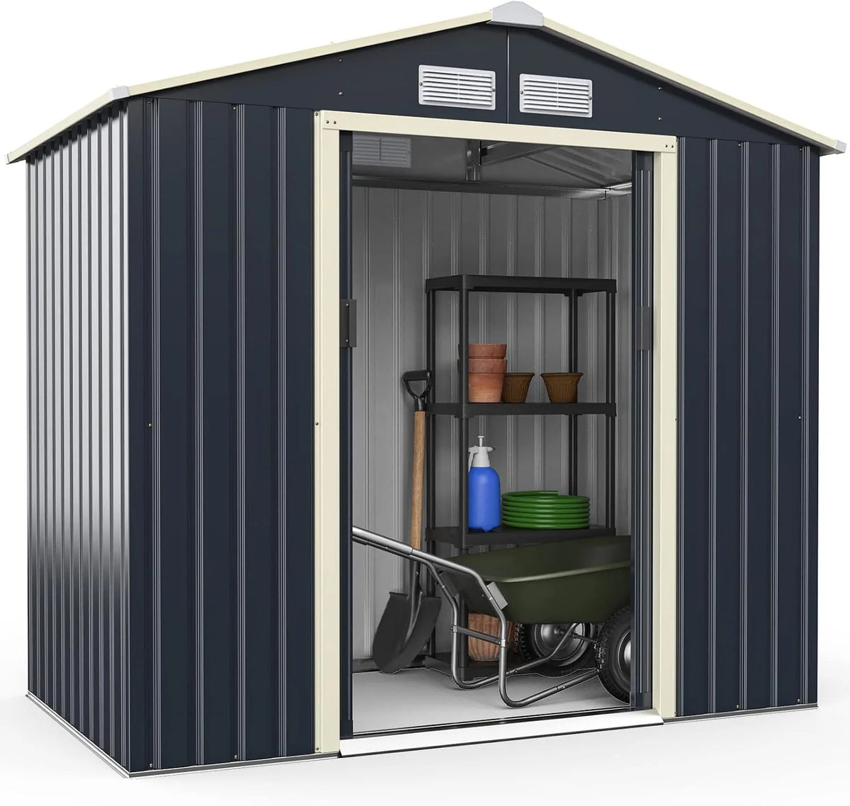 Abri de jardin Costway, en Métal avec 2 Portes Coulissantes Verrouillables, dimensions 213,5 x 127 x 194,5cm, finition grise, pour Vélo, Poubelle