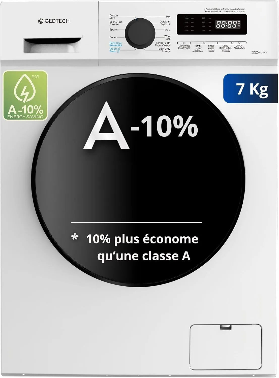 Lave-linge GLL71200WH, 16 programmes, 7 Kgs, 1200 tr, frontal GEDTECH, mn, Eco, Intensif, Rapide