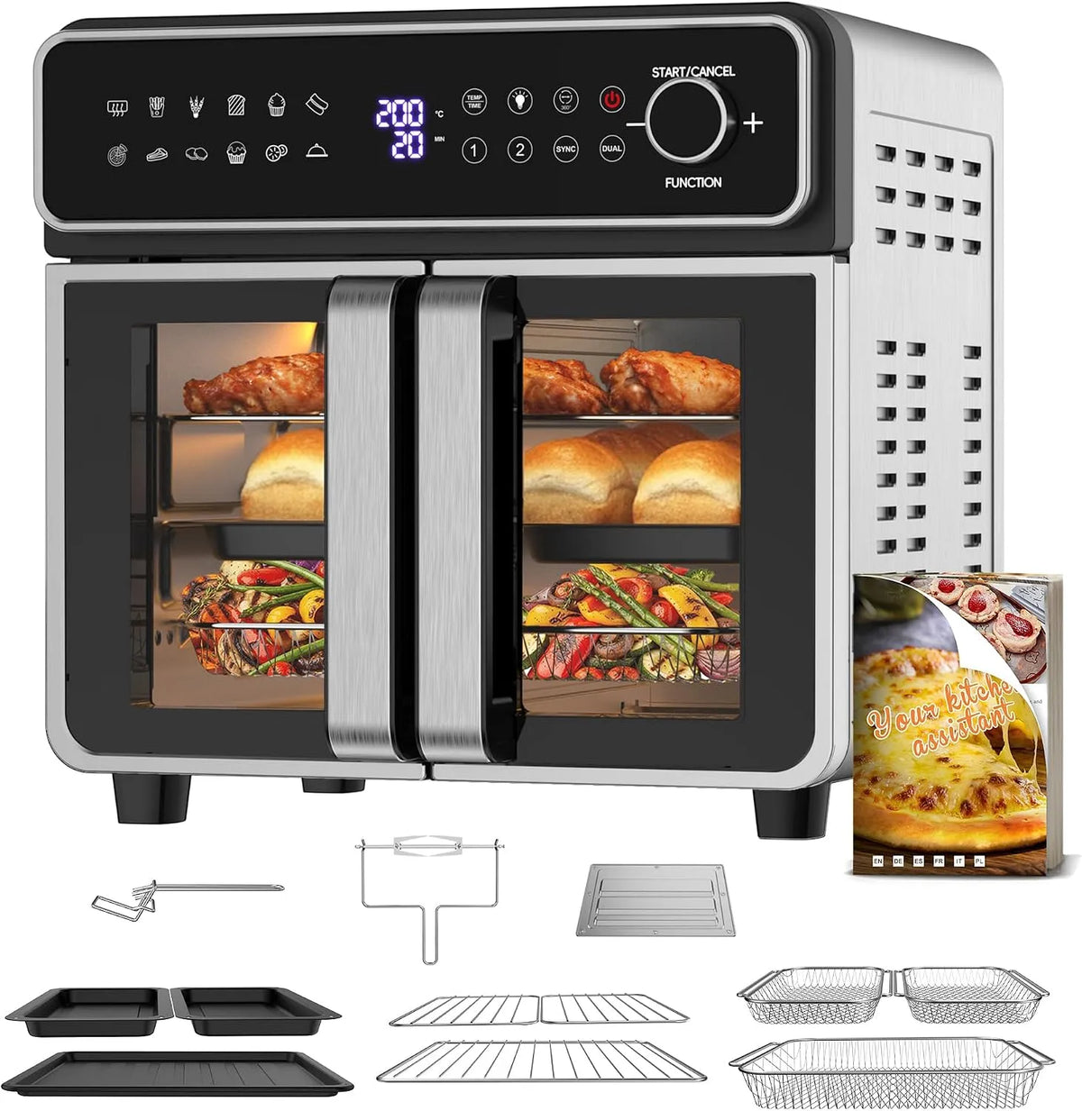 Four, 15 Programmes, Livre de Recettes & 13 Accessoires, Friteuse sans Huile 23L XXL Mini avec Portes Françaises, Sync Finish