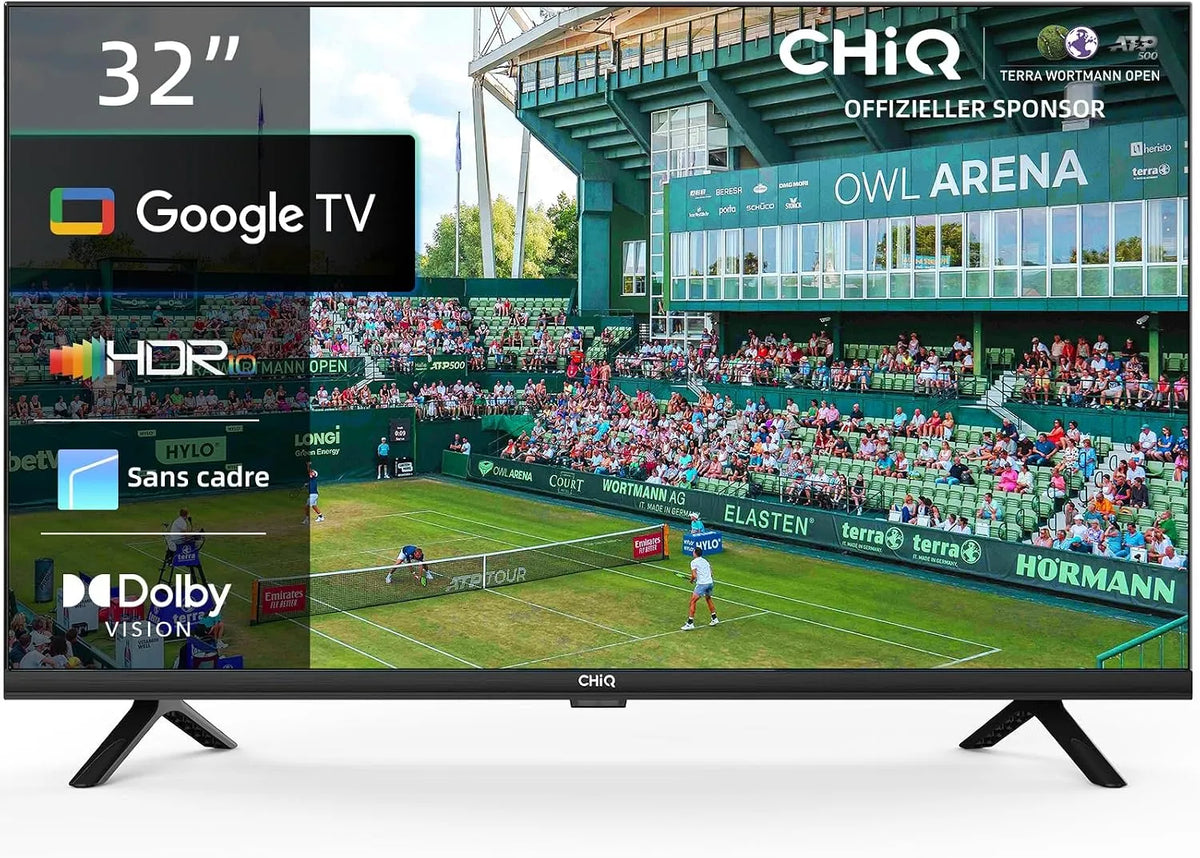 Téléviseur L32G7V USB2.0 CHIQ, Wi-FI 5G, HD, Google Assistant, Chromecast intégré, Bluetooth, 32 Pouces, Google TV, Conception sans Cadre