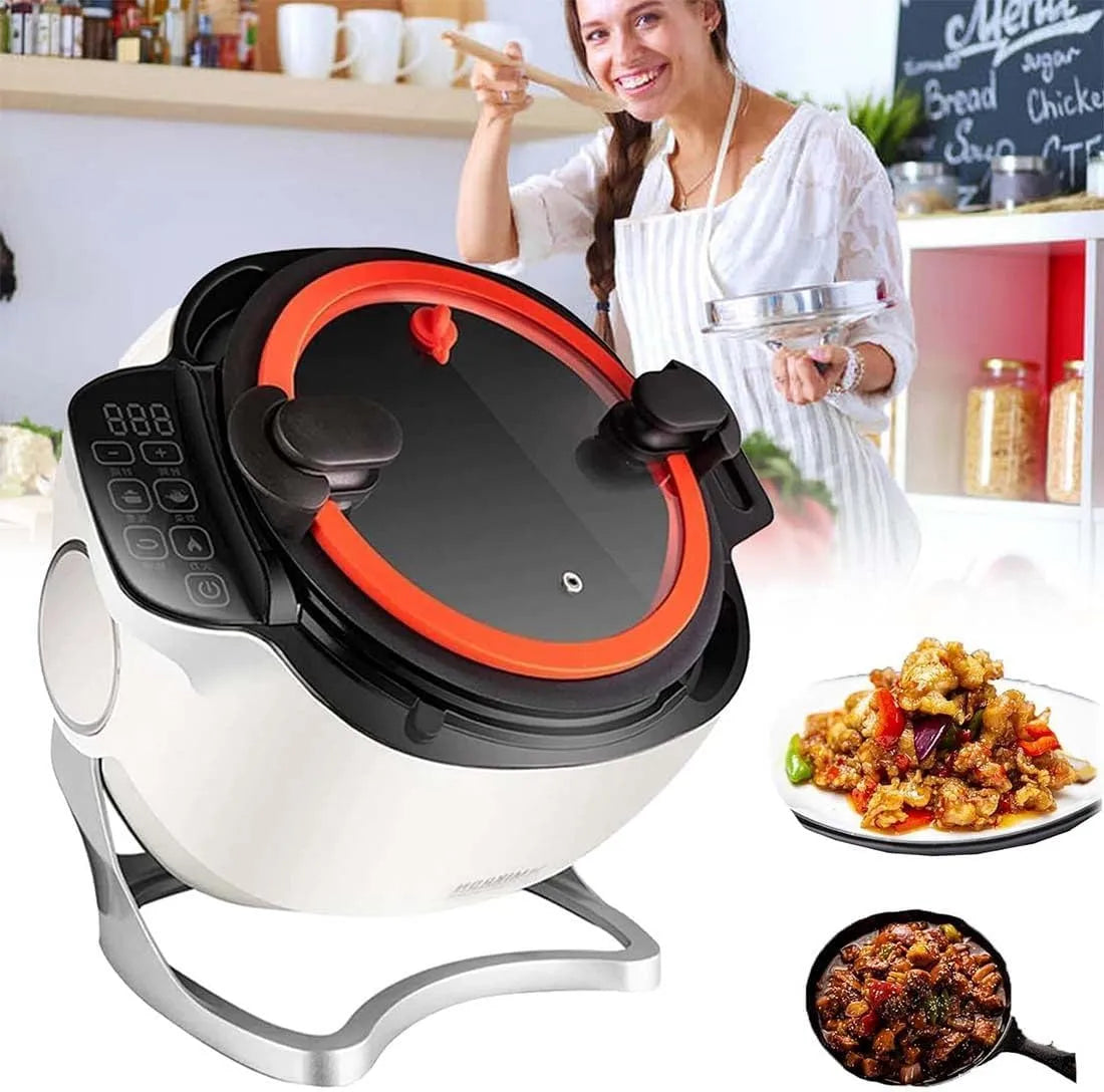 Automatique Machine Cuisson, Rotation à 360°, Trois Vitesses Réglables, Ragoût, Automatique 2000W 6L, Machine à Riz Frit, Faire Sauter, Cuisiner