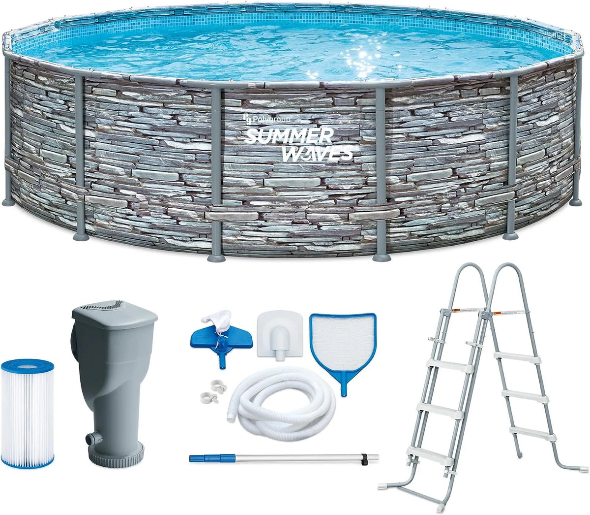 Pompe, Rond 427 x 107 cm aspect pierre grise, Summer Waves Frame Pool Kit complet, Piscine de jardin & piscine avec à filtre, Piscine hors-sol