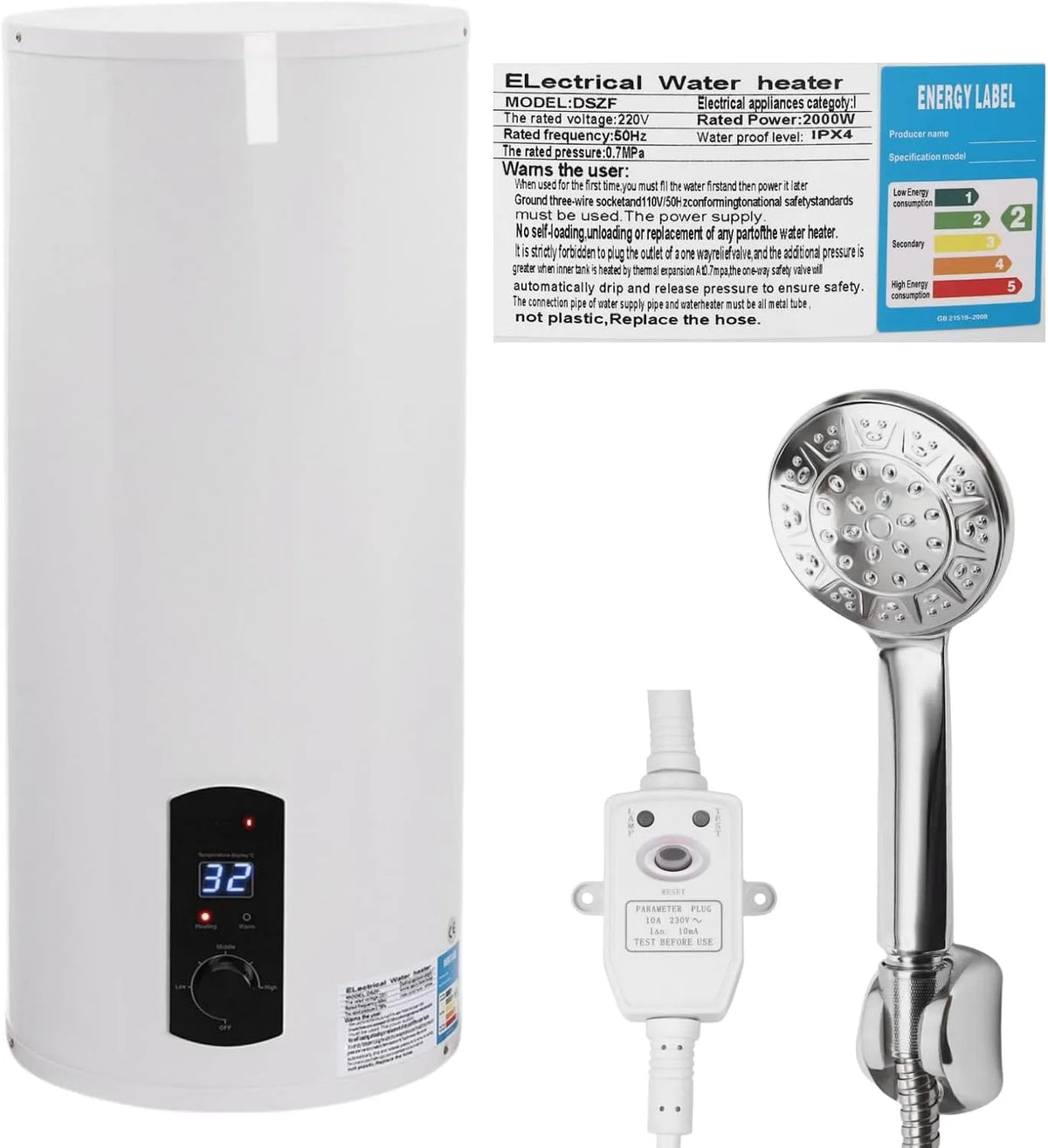 Chauffe-eau électrique, à accumulateur 220 V 60 l mural protection contre les fuites douche pratique affichage température 2000 W finition blanche