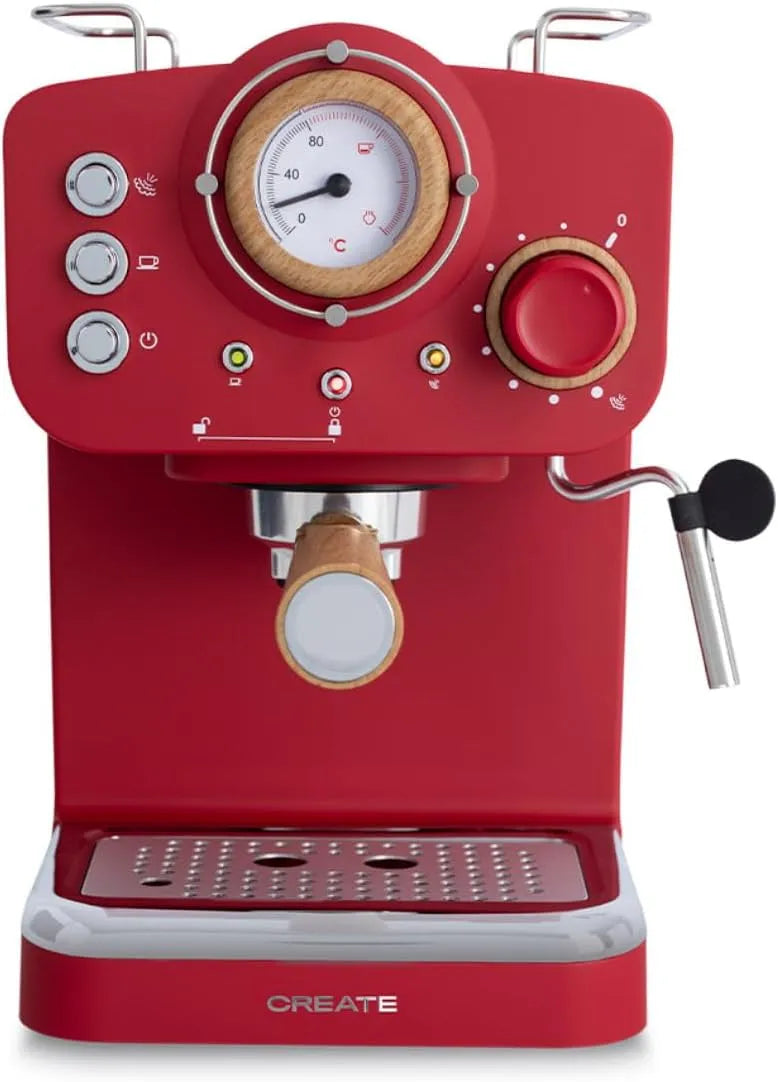 Cafetière, réservoir 1,25L, puissance 1100W, THERA RETRO express semi-automatique rouge mate et bois, avec steamer, 20 bar, CREATE