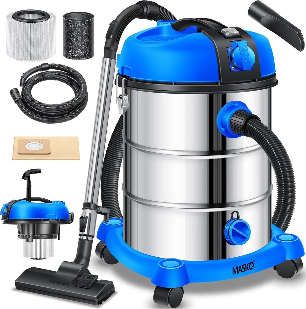 Aspirateur Masko, Push&Clean, Bleu, Industriel Eau et poussière Acier Inoxydable 2 300 W + Prise électrique Fonction