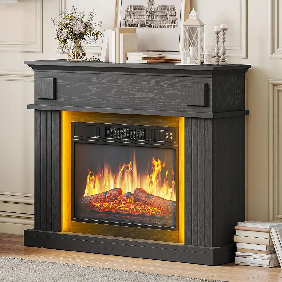 Electrique YITAHOME Cheminée, Effet Flamme 3D Réaliste, Cheminee Decorative Autonome minuterie intégrée et Bande Lumineuse LED 24 Couleurs