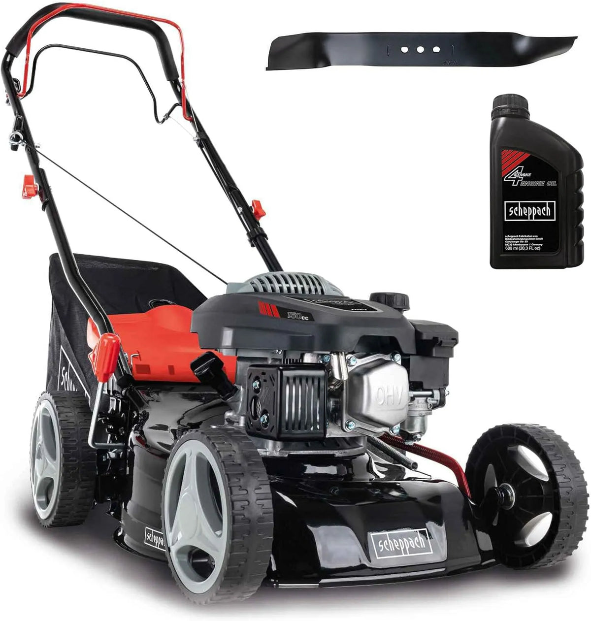 Scheppach tondeuse à gazon MS150-42, 3,7 CV, Largeur de Coupe 42cm, Panier 45L, 7 Niveaux, Thermique, Autotractée, Raccord Rapide de Nettoyage