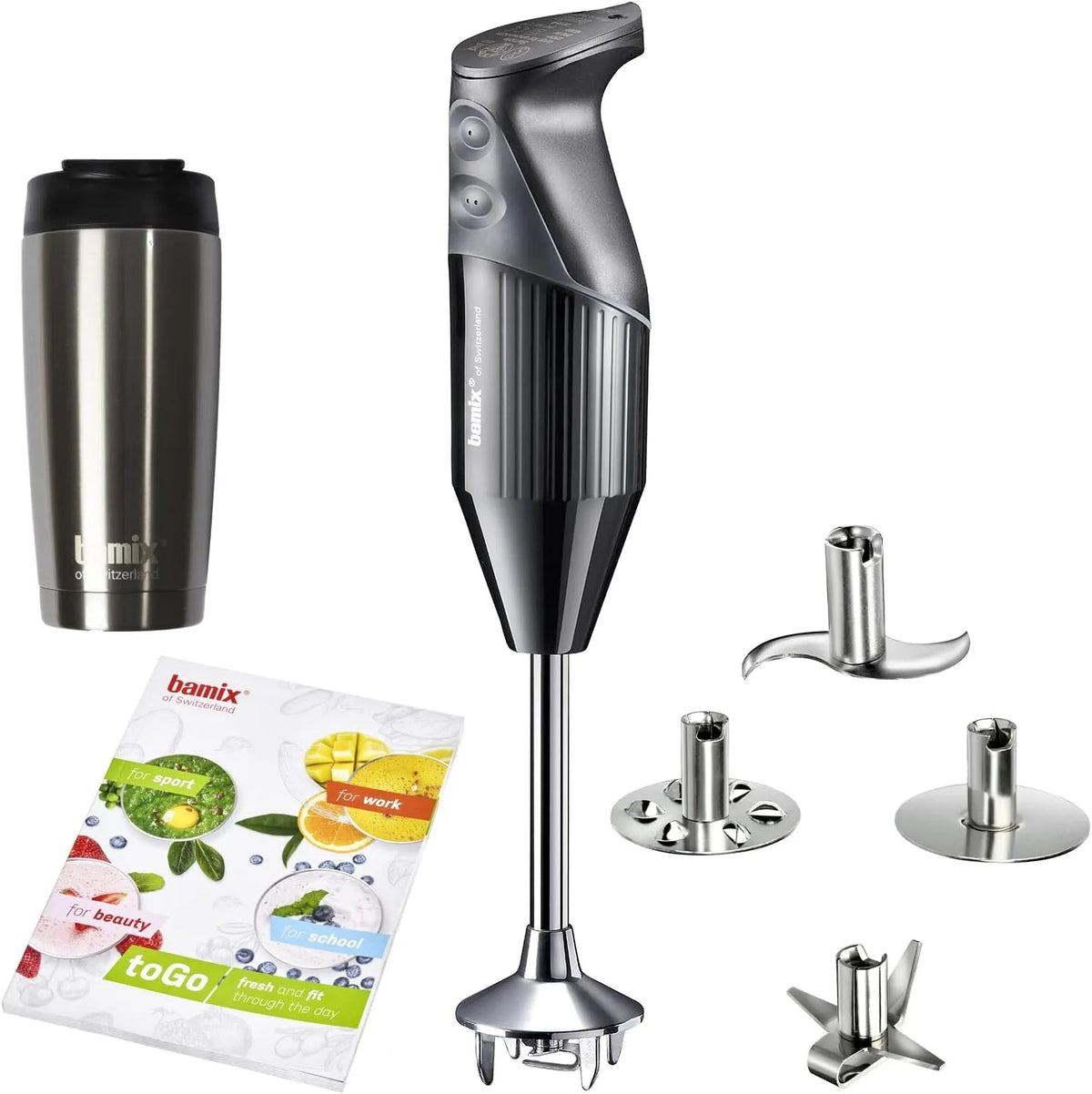 Mixeur M200 bamix Set, 2 niveaux de vitesse, 2 niveaux de vitesse, gobelet isotherme, Inox, finition noire, puissance 200 W, 4 embouts