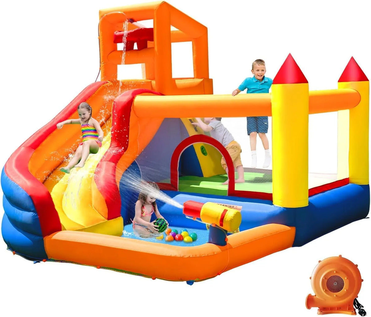 Ventilateur, Grand château Gonflable avec, Children's Bouncy Castle pour l'intérieur ou l'extérieur 320 x 280 x 232 cm, Toboggan Sec ou Eau