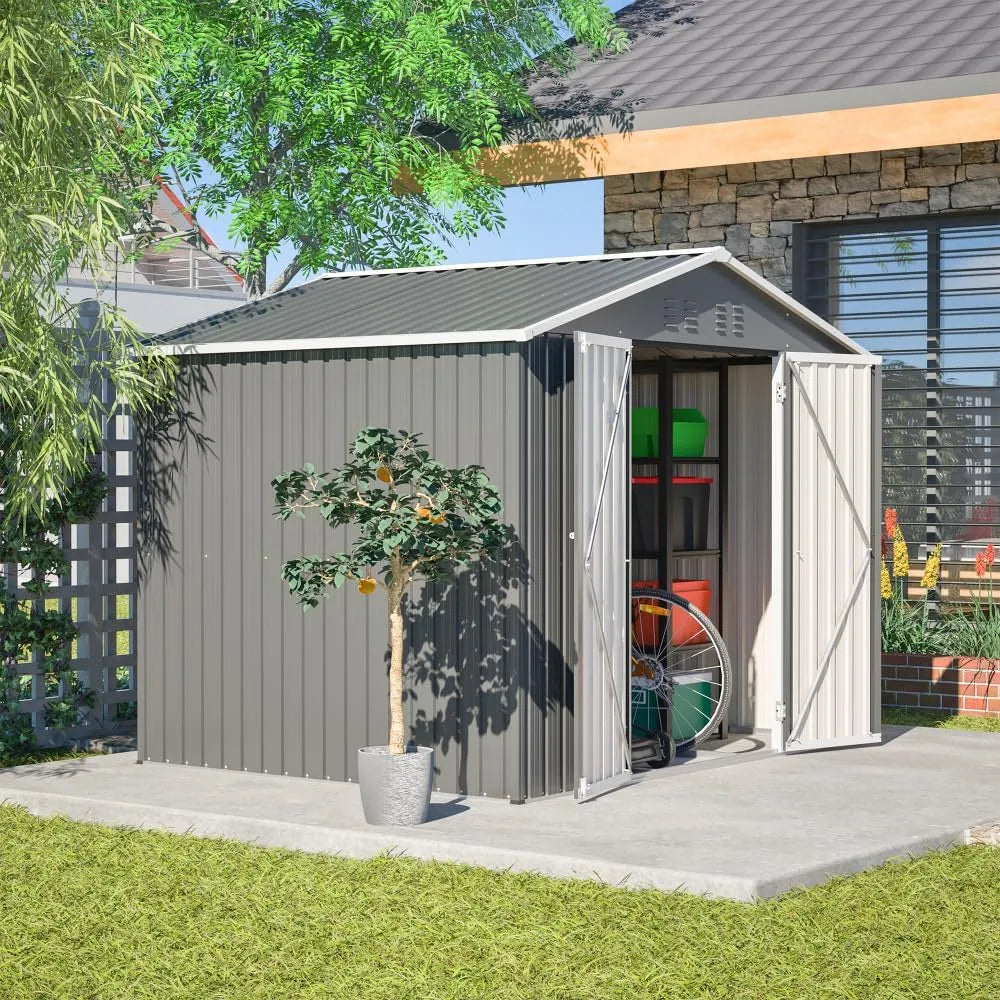 Abri de jardin, Idéal pour Ranger et Ranger Vos Outils de Jardin., en métal finition grise Anthracite de 2,4 x 1,8 m avec Porte à charnières