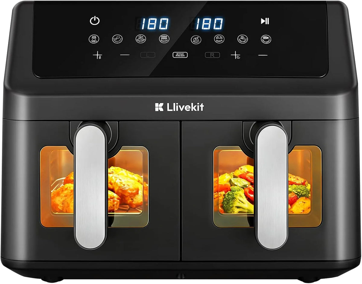 Friteuse à air chaud, LLIVEKIT 9L Air Fryer XXL avec 4D Circulation d'Air, 8 Programmes, Chaud Dual Zone 2x4,5L, 95% Sans Huile, Sync-Finish