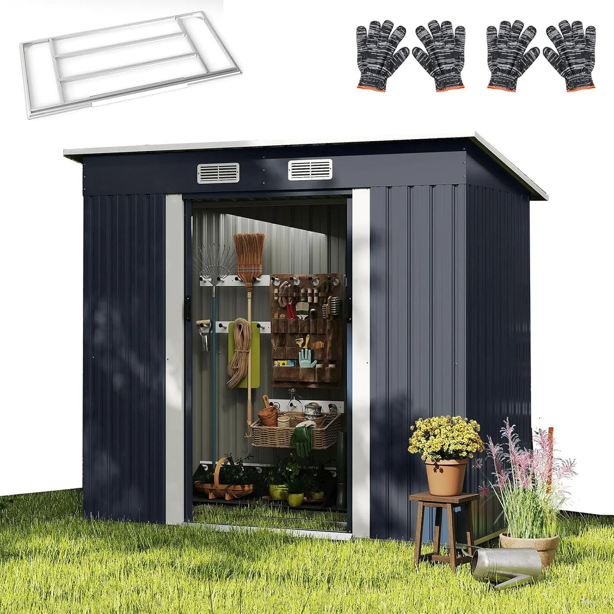 Abri de jardin RELAX4LIFE, en Métal 4m³ avec Toit Incliné, dimensions 213 x 112 x 186 CM, Porte Coulissante Verrouillable et Aérations, Cour, Pelouse