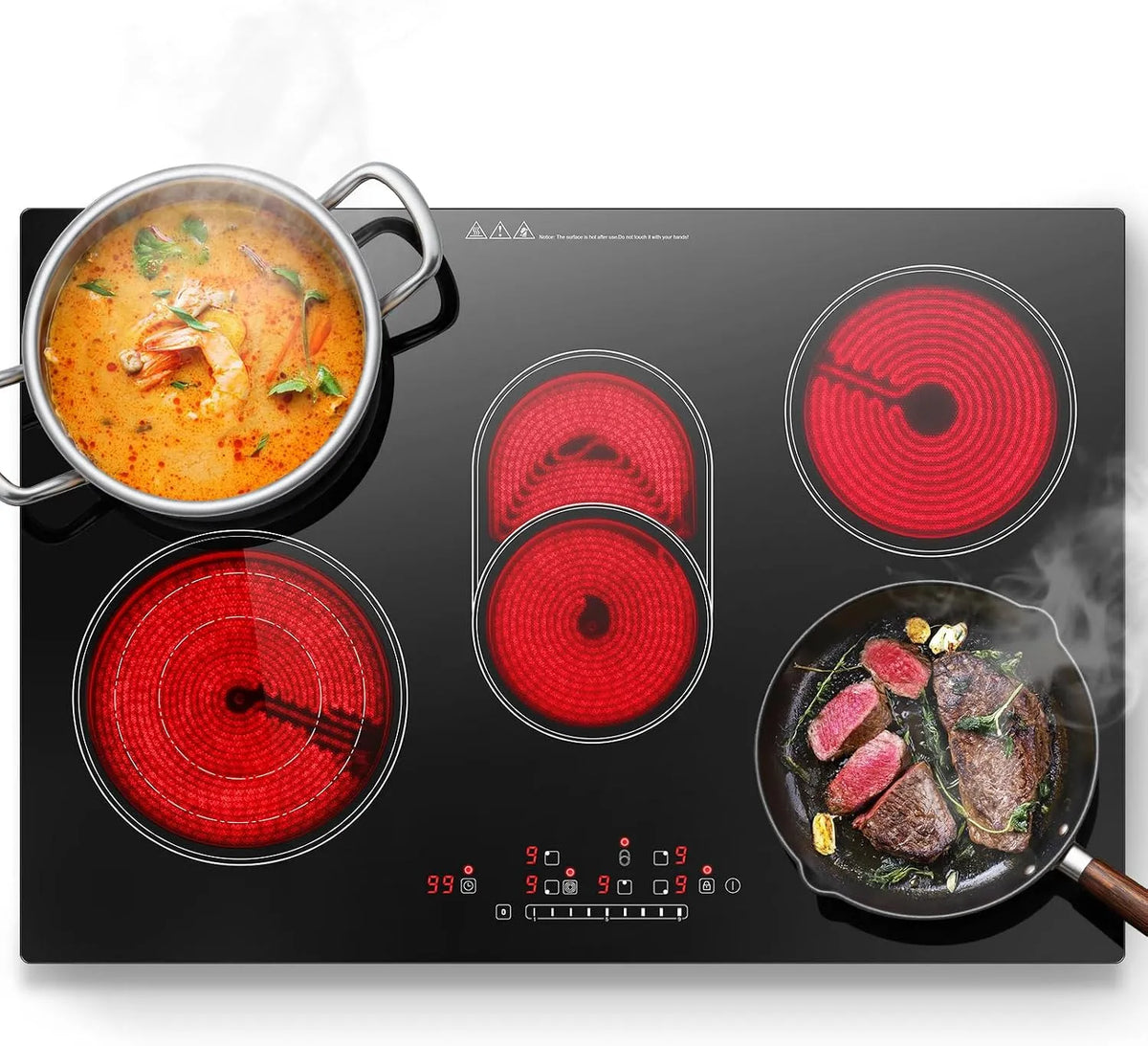 Plaque de cuisson, Vitrocéramique 5 feux, de cuisson Electrique Encastrable 77cm, puissance 8500W, 9 Niveaux, Commande Tactile