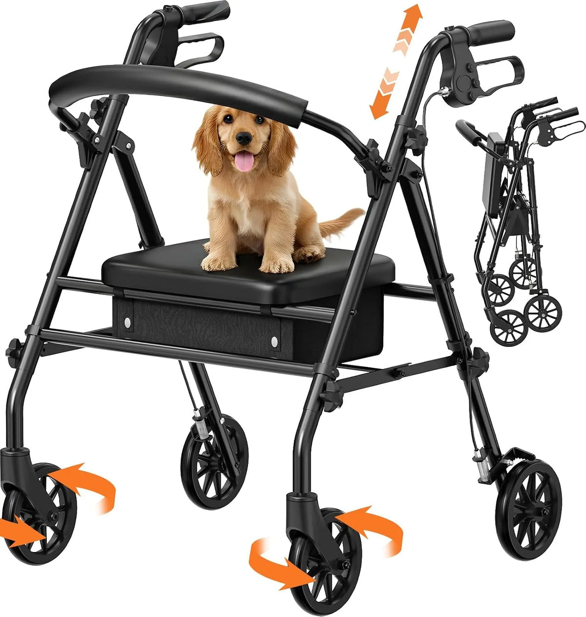 Avec Siège et Rangement Rollator Déambulateur, Usage Intérieur & Extérieur, finition noire