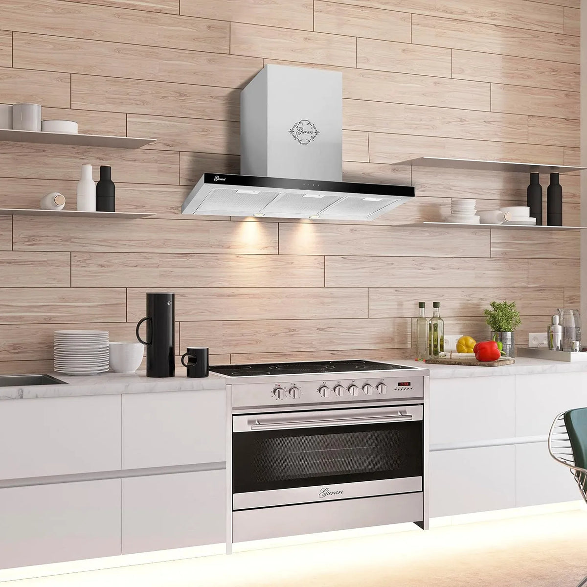 Cuisinière, Hotte de plafond 120 cm 1000m3, Four 90 cm, capacité 121 L + Hotte aspirante, 1000m3/h, Range Coocker, inox, verre finition noire