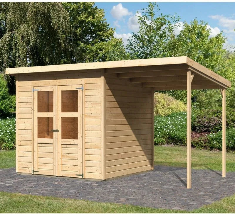 Abri de jardin, Karibu Merseburg 4, Bois Brut 4,5m² avec Appentis, Dimensions 390x236cm, Double Porte Semi-Vitrée, Toit Plat, Traitement Autoclave