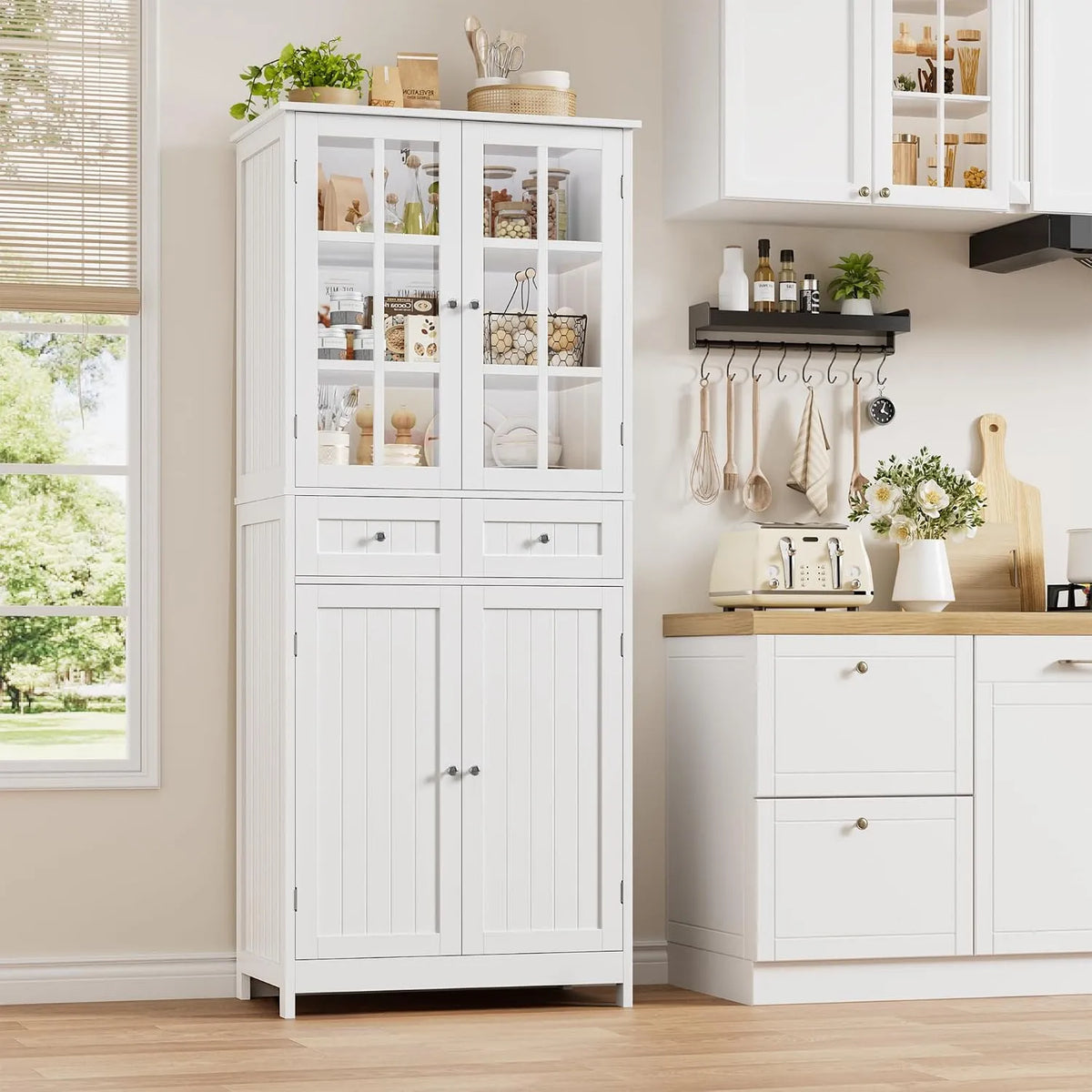 Armoire, 180 cm Haut Vaisselier avec 2 Portes Vitrées, HOCSOK Buffet Cuisine, Vitrine pour Salle à Manger, Bureau, Salon, Moderne, finition blanche