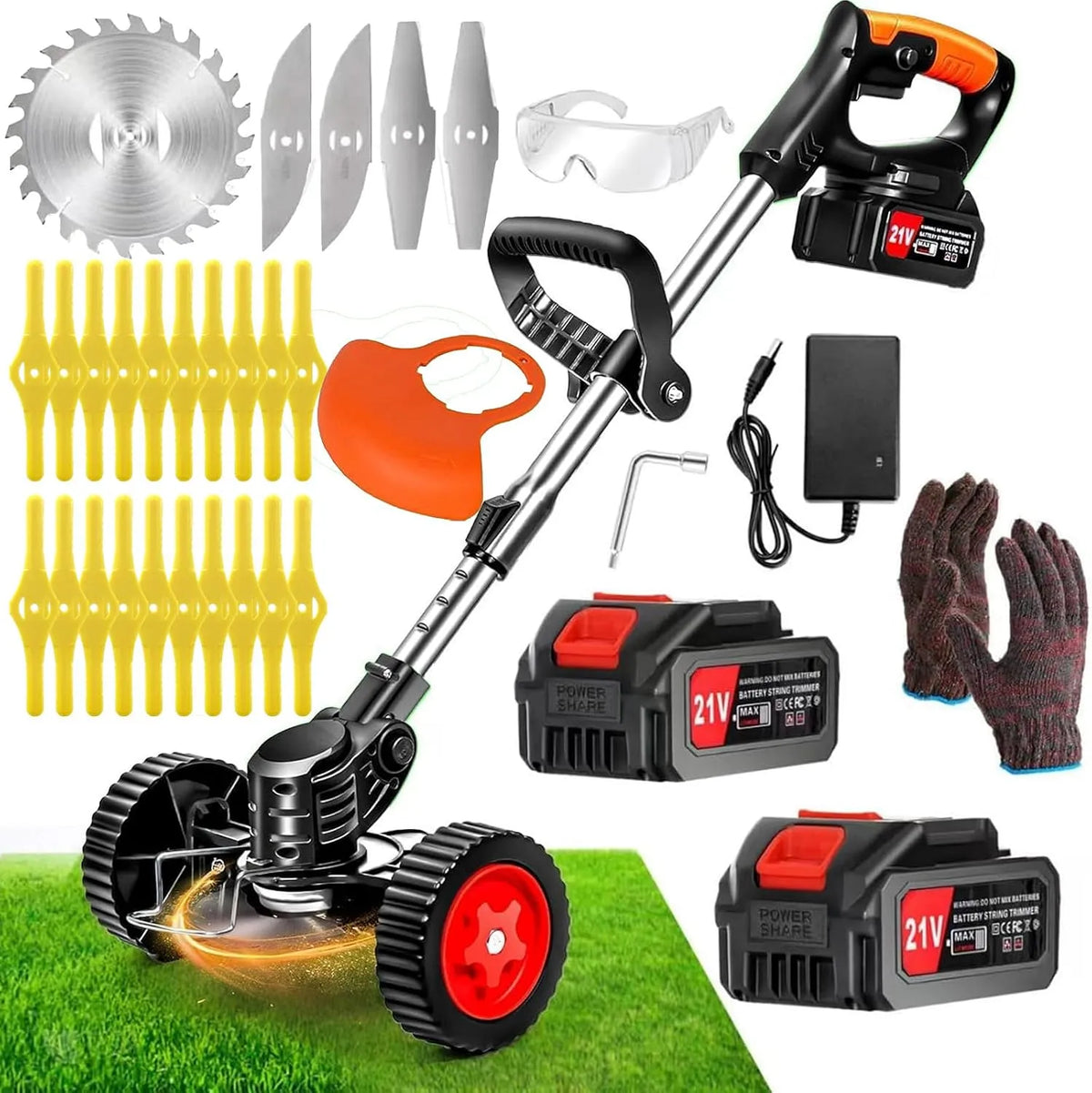 Débroussailleuse, Coupe Bordure 2 Batteries 21v et Chargeur Taille Manche télescopique, Electrique sans Fil, Roues Amovibles réglables