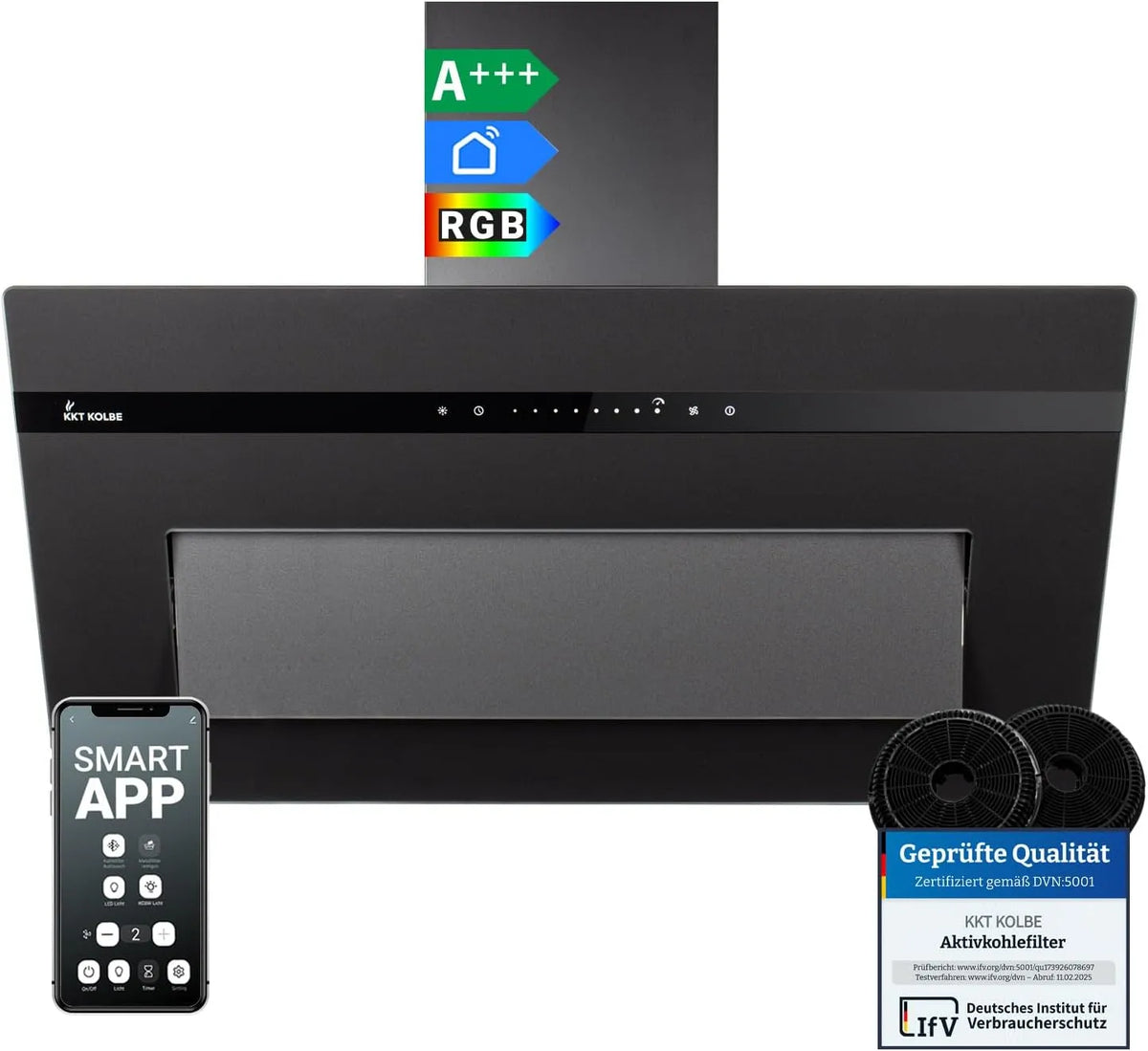 Hotte aspirante PLOOM9005S KKT KOLBE, largeur 90 cm, 782 cbm, application Smart WiFi, fonction de post-fonctionnement automatique, convection
