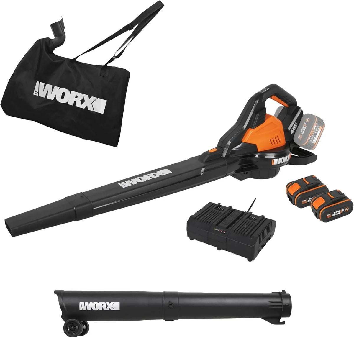 Worx aspirateur WG583E, Souffleur sans Fil Brushless 40V, 2 Modes de Vitesses pour Plus d'efficacité, 2 en 1, Vitesse de 335km, 335km/h