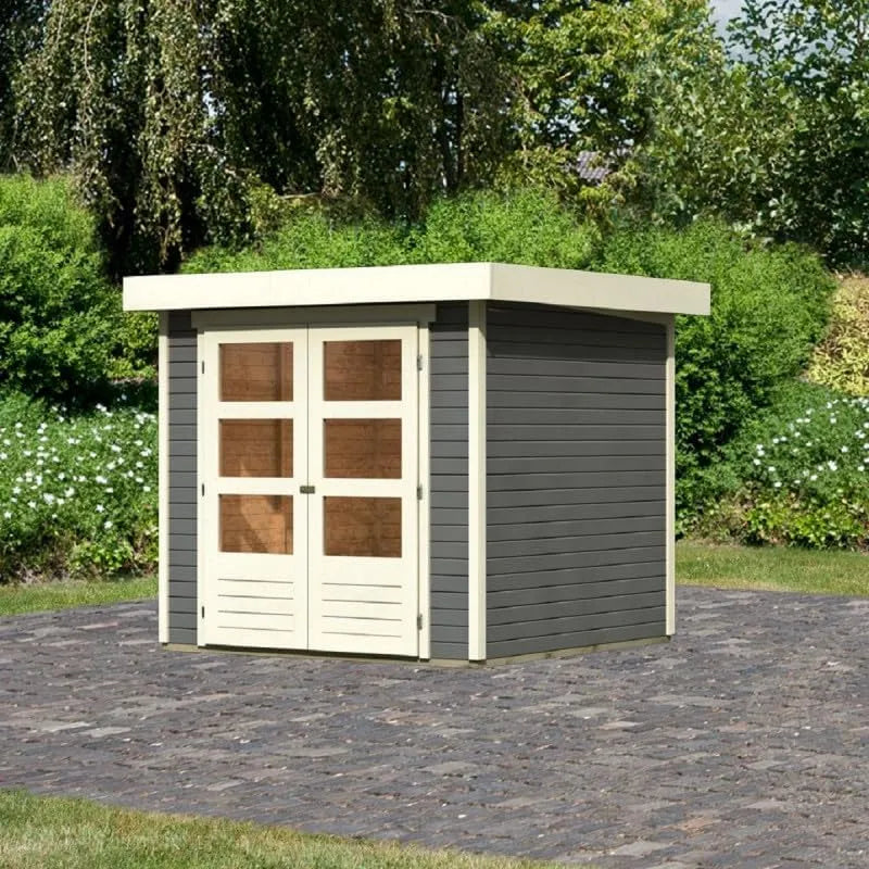 Abri de jardin, Dimensions 213x217cm, Karibu Askola 2, Bois Massif 4,62m² finition grise Terre, Résistant UV et Intempéries