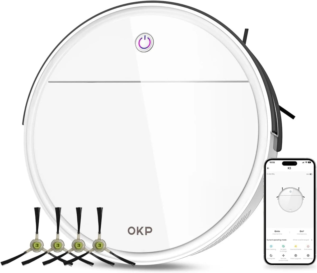 Aspirateur robot OKP, K5, 2500Pa, Autonomie 120 Minutes, Poils d'animaux et moquettes, Alexa, finition blanche, Design Ultra-Fin de 7.6 cm