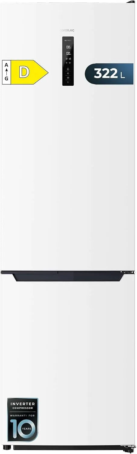 Cecotec réfrigérateur 322T, capacité 322L, combiné Bolero CoolMarket Combi White D. finition blanche, classe énergétique D, 185 cm de haut.