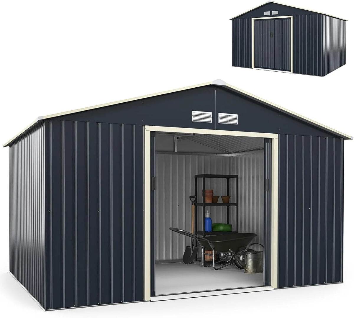 Abri de jardin Costway, dimensions 340 x 255 x 210 cm, 4 Trous d'Aération, Poubelle, Métal 2 Portes Coulissantes Verrouillables, Toit Penché