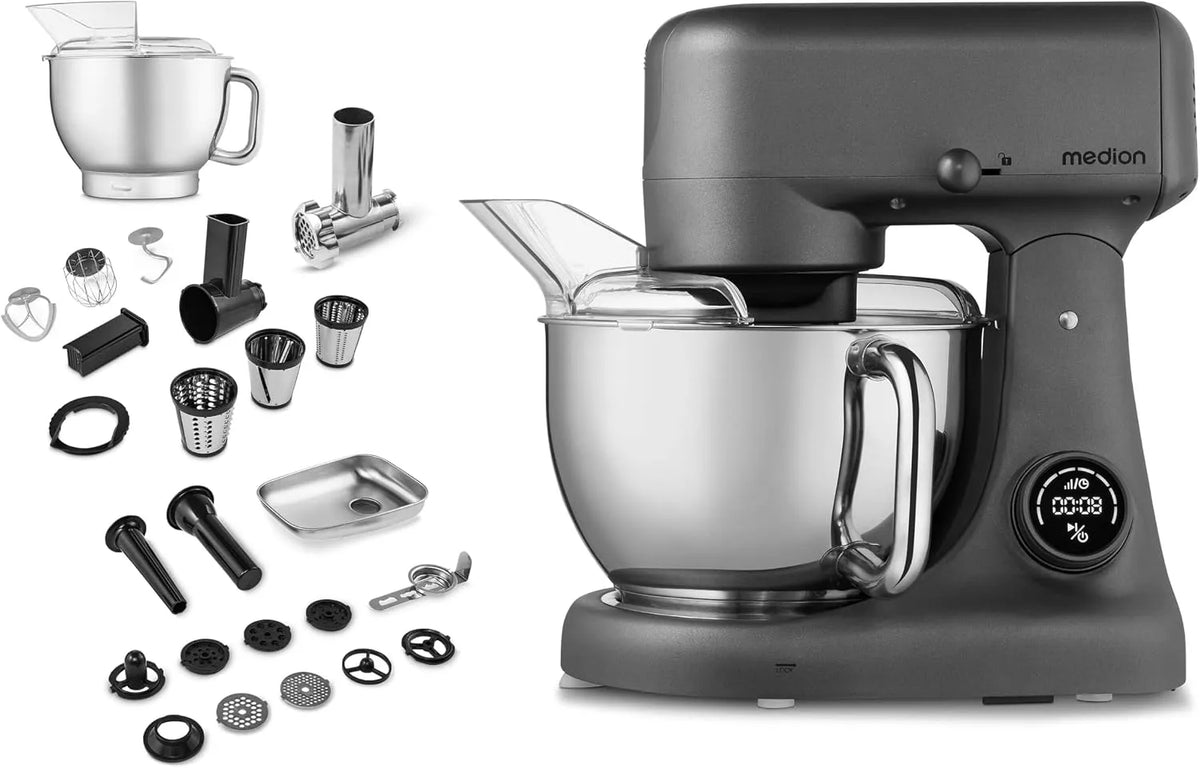 Robot de cuisine MEDION, bol en acier inoxydable de 4,6 litres, ultra-silencieux, économie d'énergie, MD, 800 watts, avec hachoir à viande