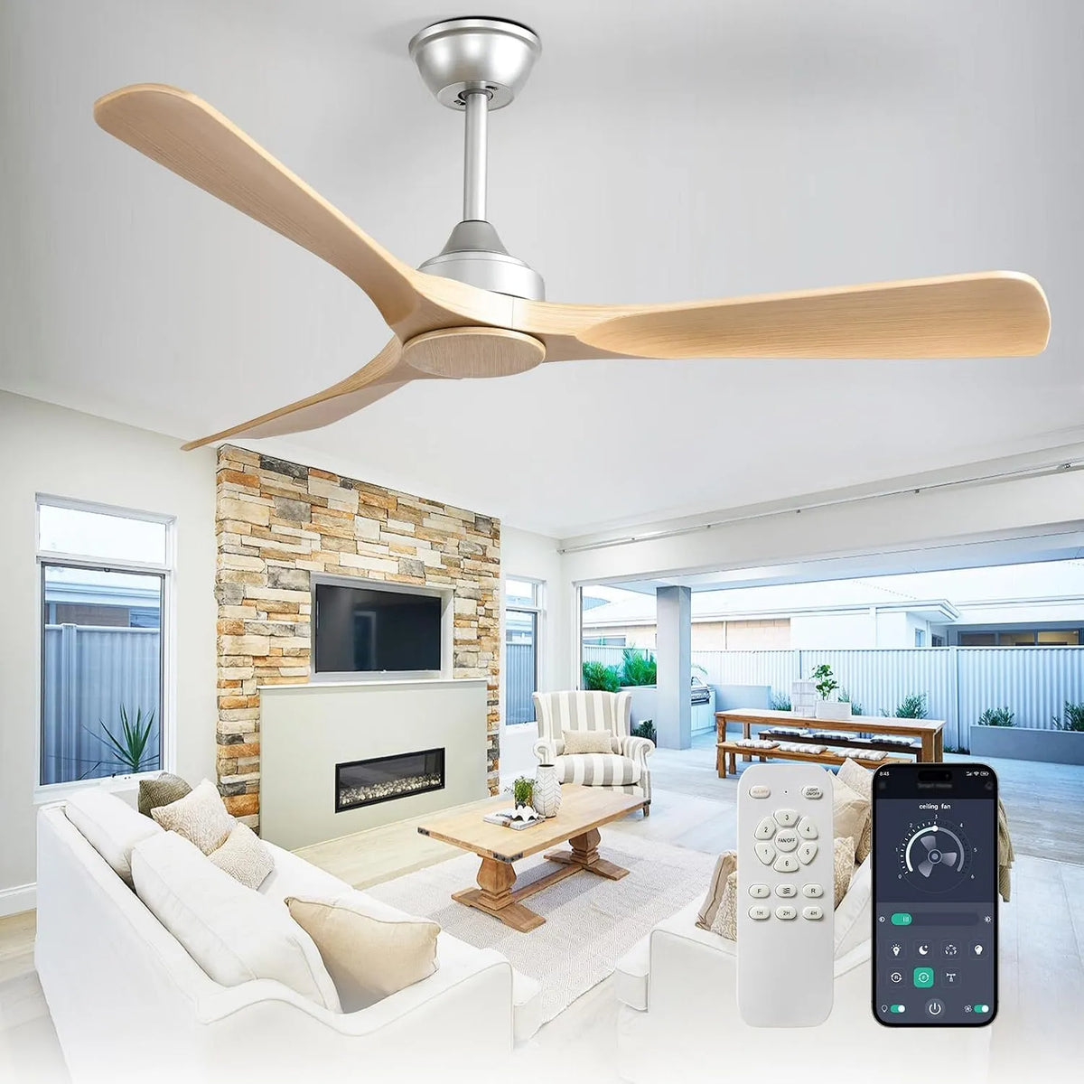 Ventilateur Depuley Grand, de plafond sans lumière: 132CM 3 pales télécommande incluse et APP pour terrasse jardin, de plafond silencieux, kaki