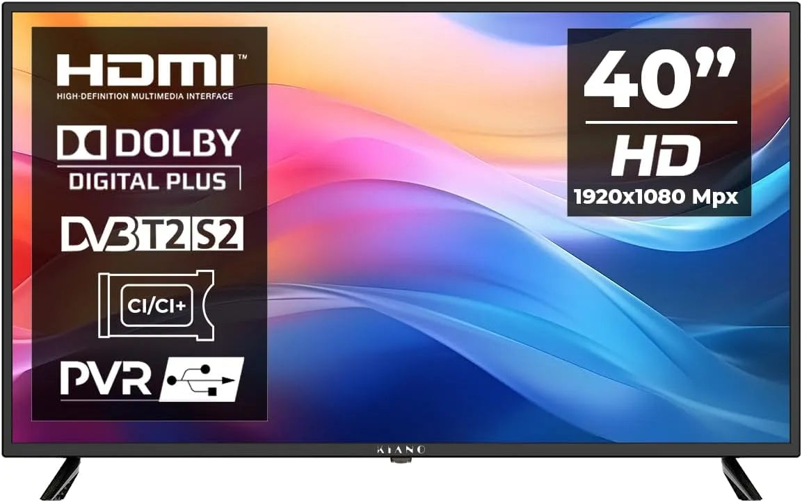 HD 1920 2x8W KIANO SlimTV, finition noire, 40 Pouces LED Full x 1080 DLED Grand Angle de Vision 176° Audio Stéréo Support VESA 200x200