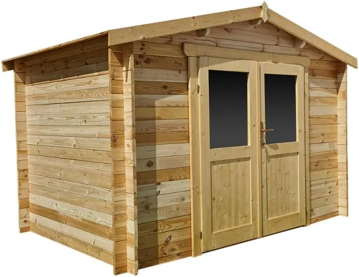 Abri de jardin, Bois Massif 6m², Madriers 28mm, dimensions 298x198cm, Double Porte Semi-Vitrée, Serrure, Toiture OSB, Marron