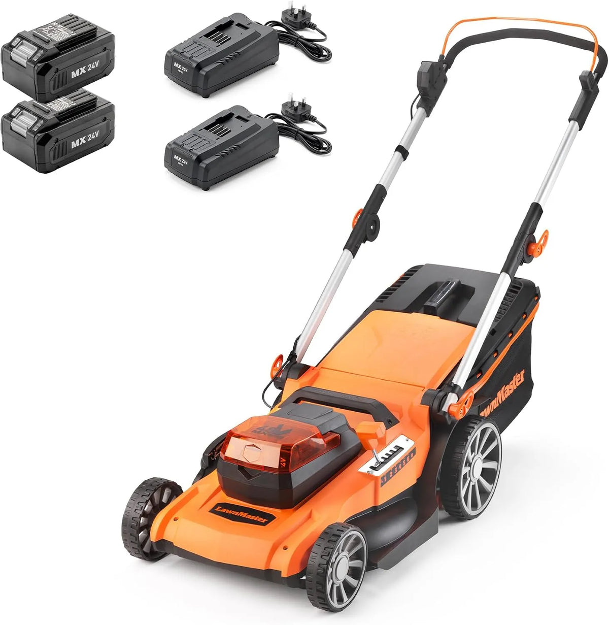 Tondeuse à gazon MX 24 V LawnMaster, éjection côté Herbe et Fonction Mulching, sans Fil 48 V 46 cm avec 2 Batteries 4,0 Ah, 2 chargeurs Rapides