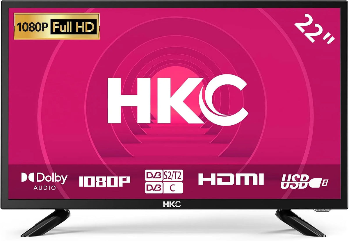 Téléviseur FHD 22 DVB-T2-C-S2 HKC, Freeview Dolby Digital Audio, HDMI VGA PC Audio Péritel USB Enregistreur Media Player, pouces