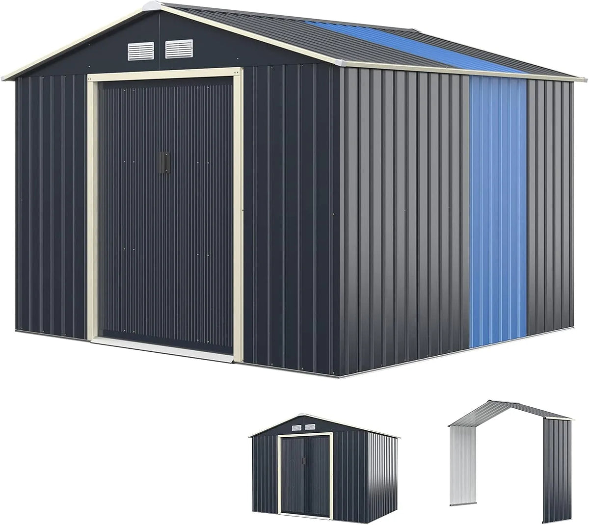 Abri de jardin Costway, finition grise pour Vélo, 4 Trous d'Aération, Toit Penché, en Métal + 1 Kit d'Extension, dimensions 277,5 x 255 x 202,5cm