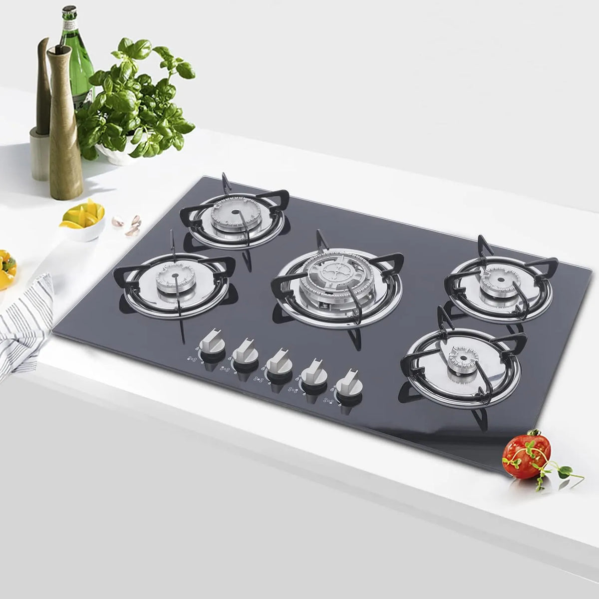 Cuisinière à gaz, Avec Buse En Acier Grille En Fonte, EncastréE 5 Flammes Pour Gaz Naturel Et Gaz Propane Stove Cooker Plaque De Cuisson