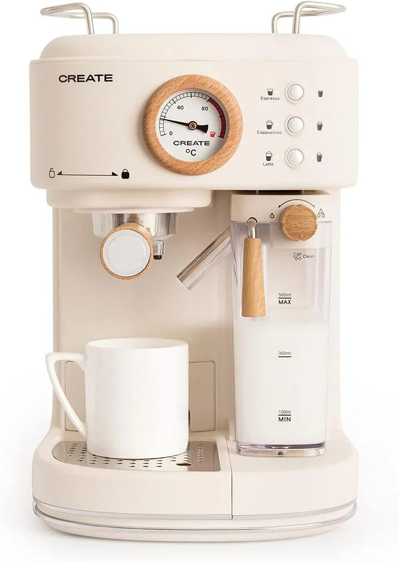 CREATE, capacité 1,5l, THERA RETRO PRO, bac à lait, deux becs verseurs, 20 bar, puissance 1250W, égouttoir, pour café moulu