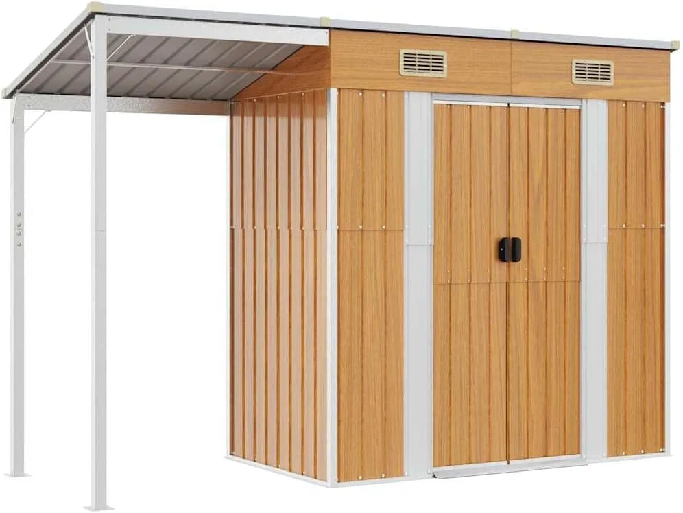 Abri de jardin vidaXL, Marron Clair 277x107x181 cm Acier, avec Toit Prolongé, Cabane à Outils avec Poignées, Remise à Outils