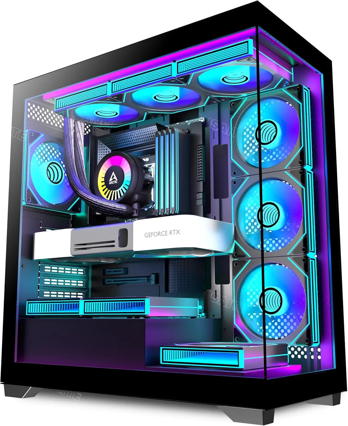 Radiateur, Boîtier PC ATX 7 Ventilateurs PWM ARGB pré-installés, Support de 360mm, C9, Boîtier PC Gaming Mid-Tower, finition noire