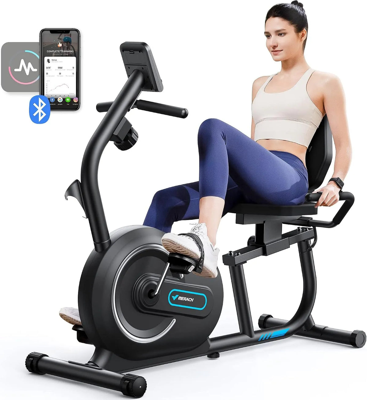 Vélo MERACH, Capacité de Charge de 136 kg, Couché Magnétique avec 8 Niveaux de Résistance Réglables, d'Appartement, de Fitness avec Écran LCD